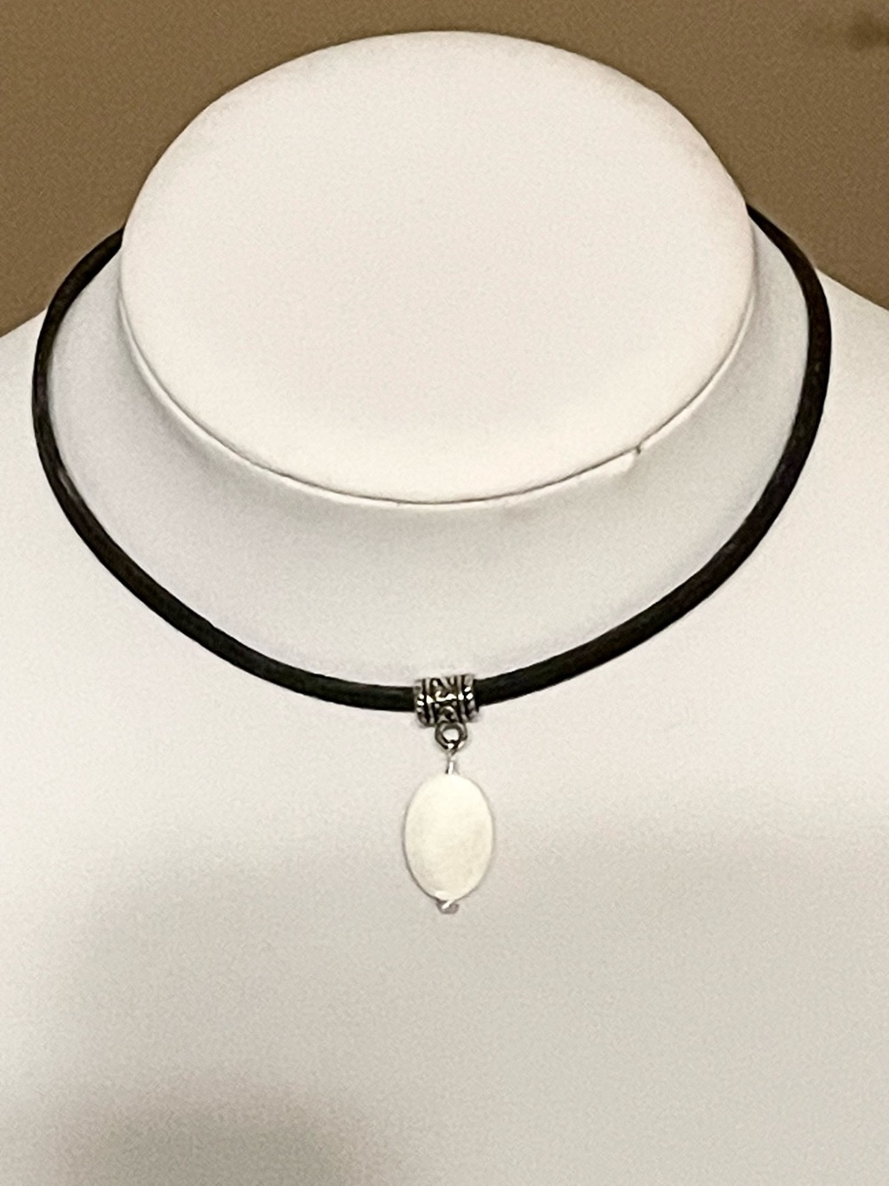 Hand Crafted Dark brown Leather Choker with Mop Oval Pendant and Silver Bail